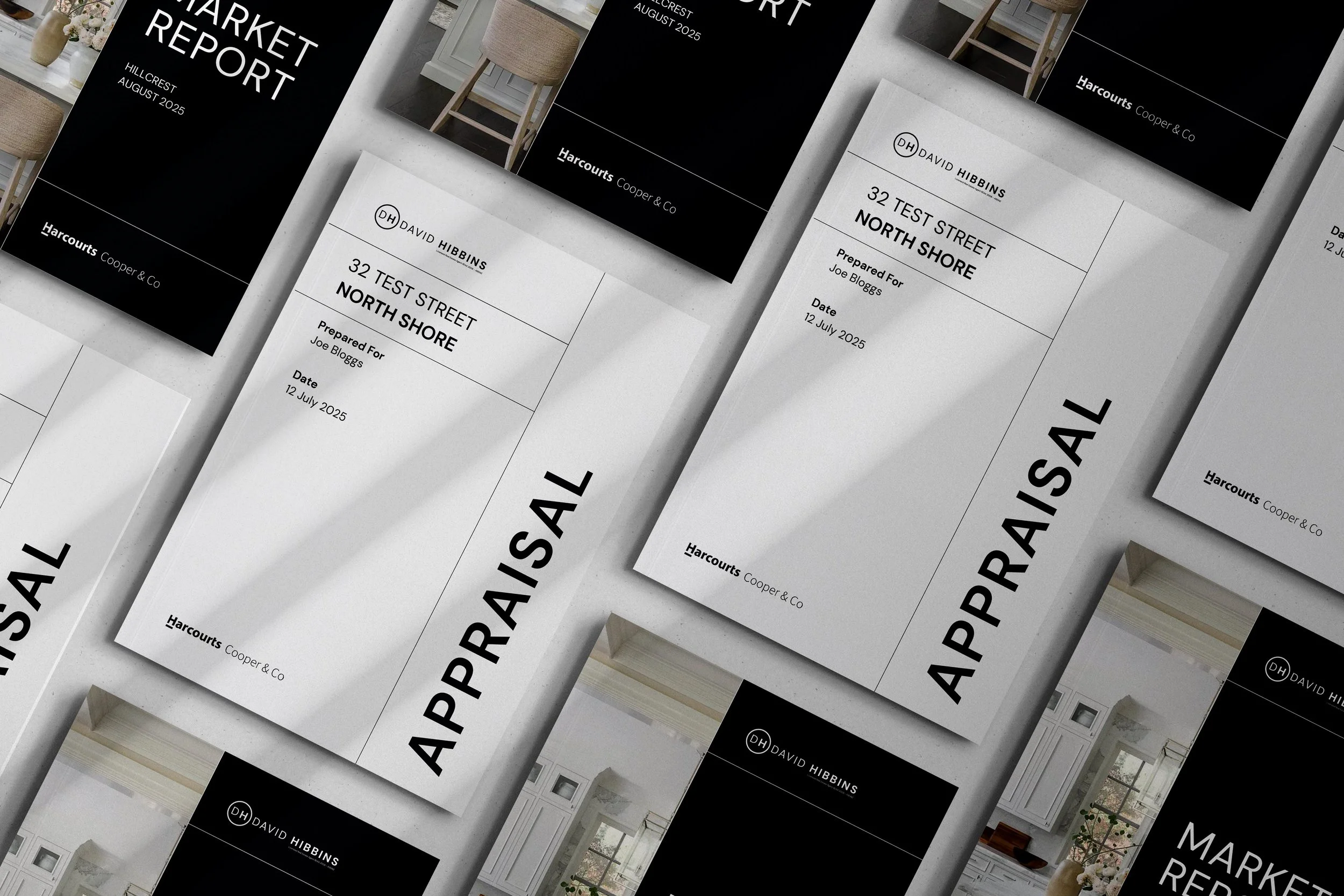 Multiple business reports and appointment cards for a real estate market report and appointment with David Wibbins, including a black cover page titled 'Market Report' and white appointment cards with address 32 Test Street, North Shore, dated July 12, 2025.