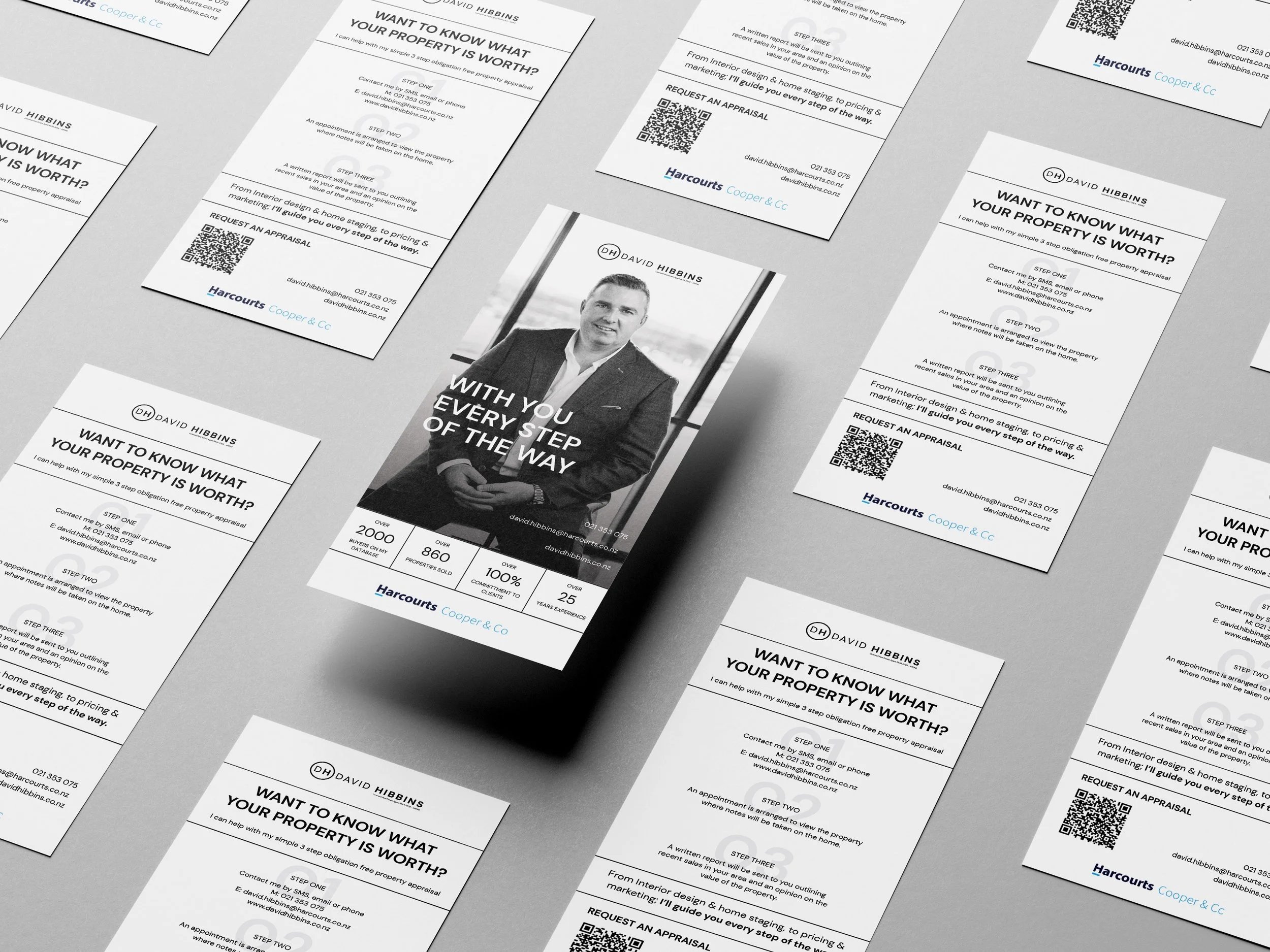 Multiple real estate flyers and brochures for property valuation and appraisal services, with contact information, QR codes, and a professional photo of a man in a suit.