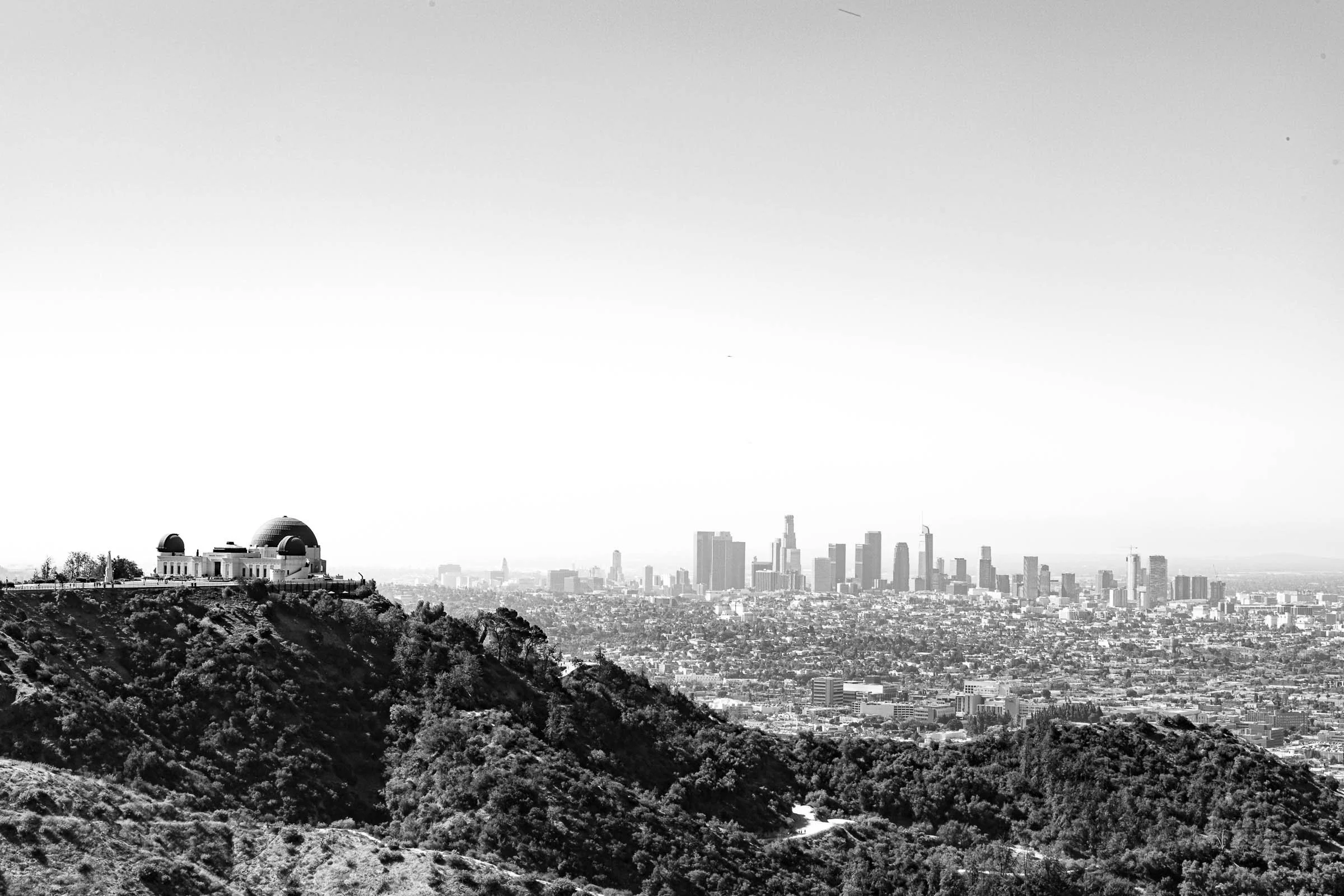 Black and white Los Angeles skyline panoramic view including Griffith Observatory