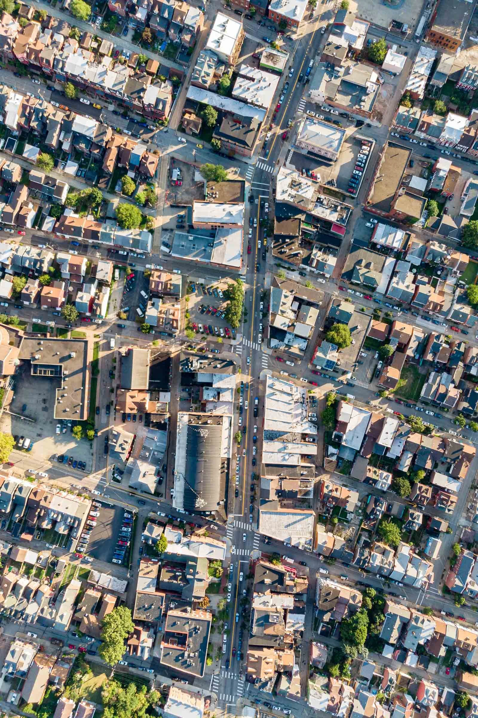 Pittsburgh Lawrenceville neighborhood aerial view showing Butler Street grid pattern Pennsylvania