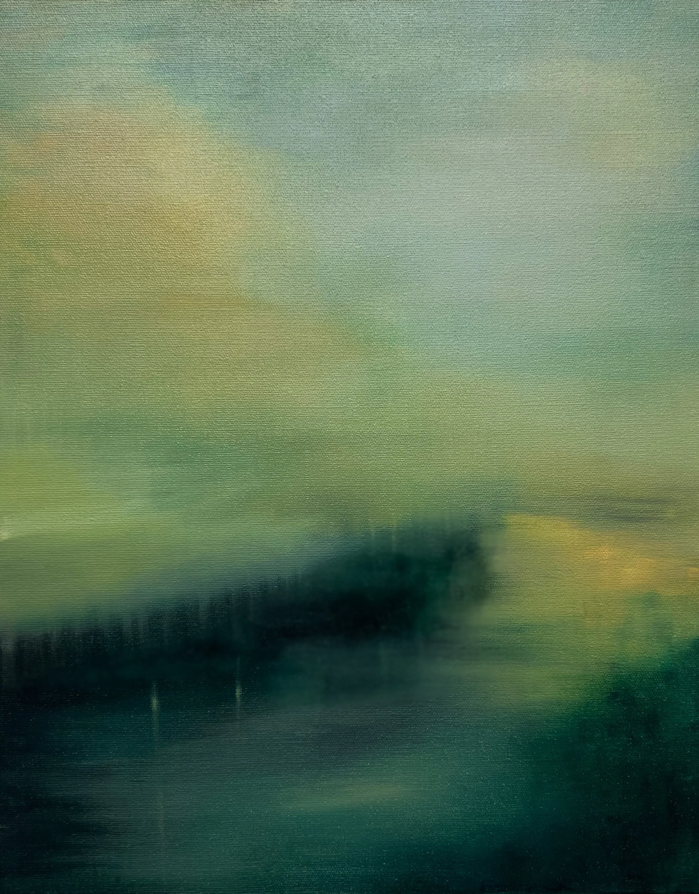 An original abstract landscape painting for sale in green and yellow colours