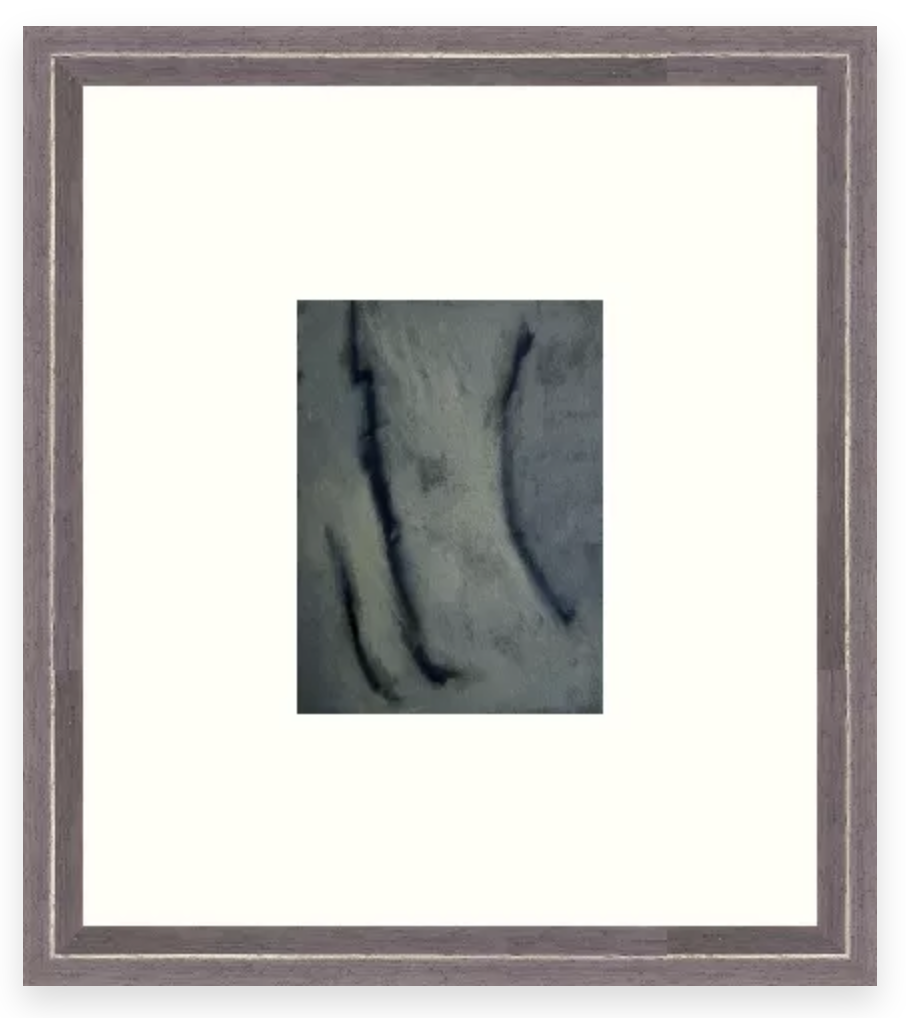 A framed original abstract painting for sale of coastal lines and shapes in the water and shore in Dorset. The colours are dark indigo blue. Perfect for Wabisabi home interiors.