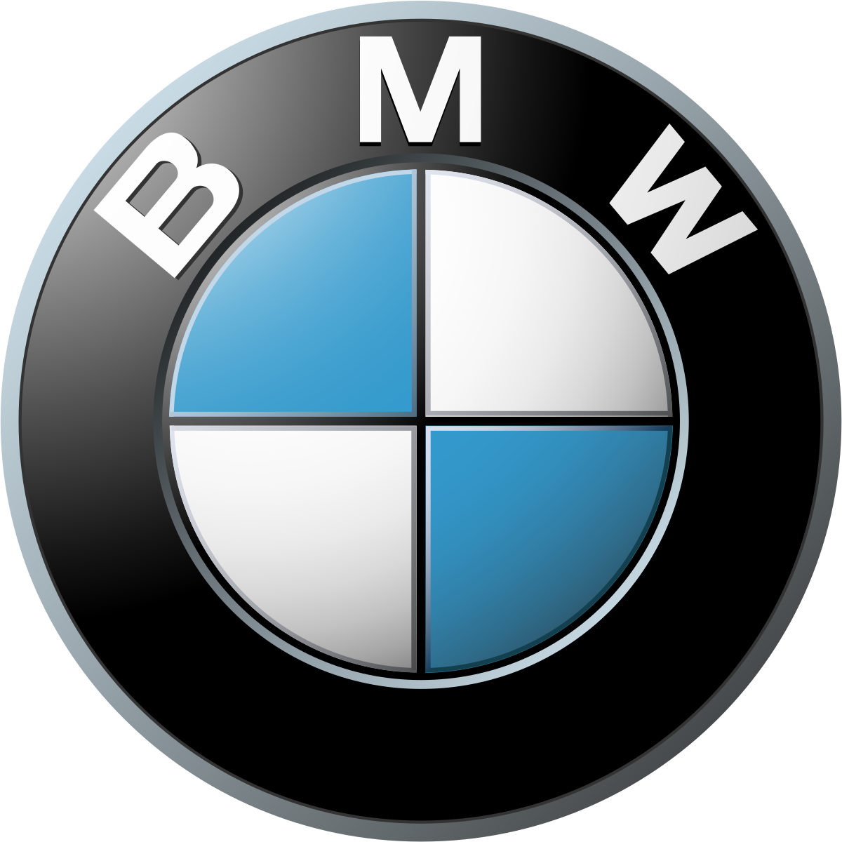 Close-up of a BMW logo featuring a circular design with a black outer ring and a blue and white quadrants in the center.