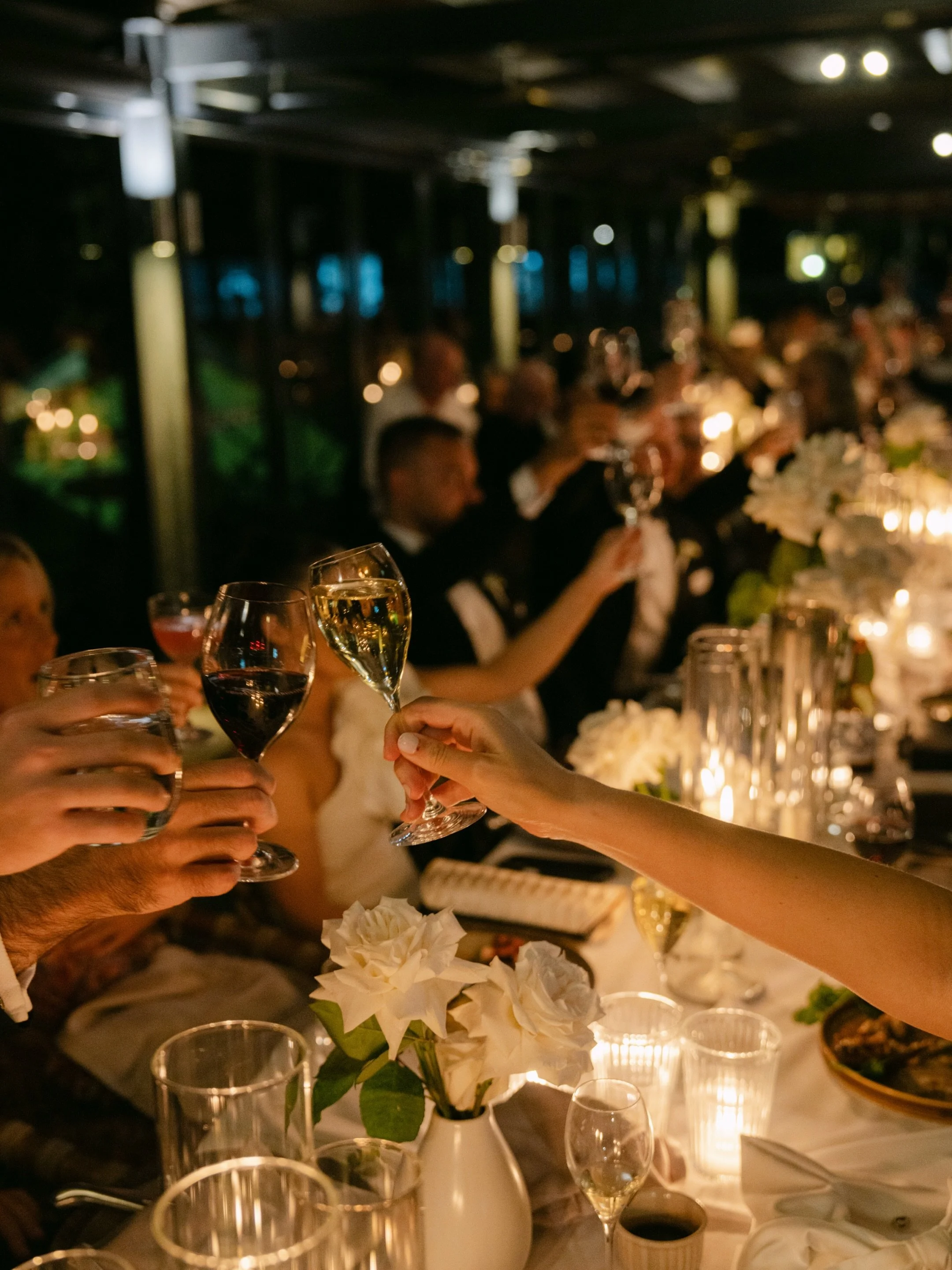 Candle-lit dinner party scenes from Phoebe &amp; Lachlan&rsquo;s day, captured on digital and 35mm film. More to come from this beautiful celebration 🤍

photo @pleinairstudyo 
venue @rippleschowderbay 
stylist &amp; florals @ivylanecollective 
hair 