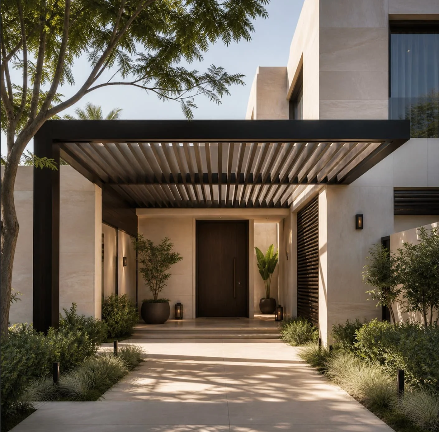 Modern house entrance with wooden door, potted plants, lanterns, and a pergola, surrounded by greenery and trees, under a clear sky.