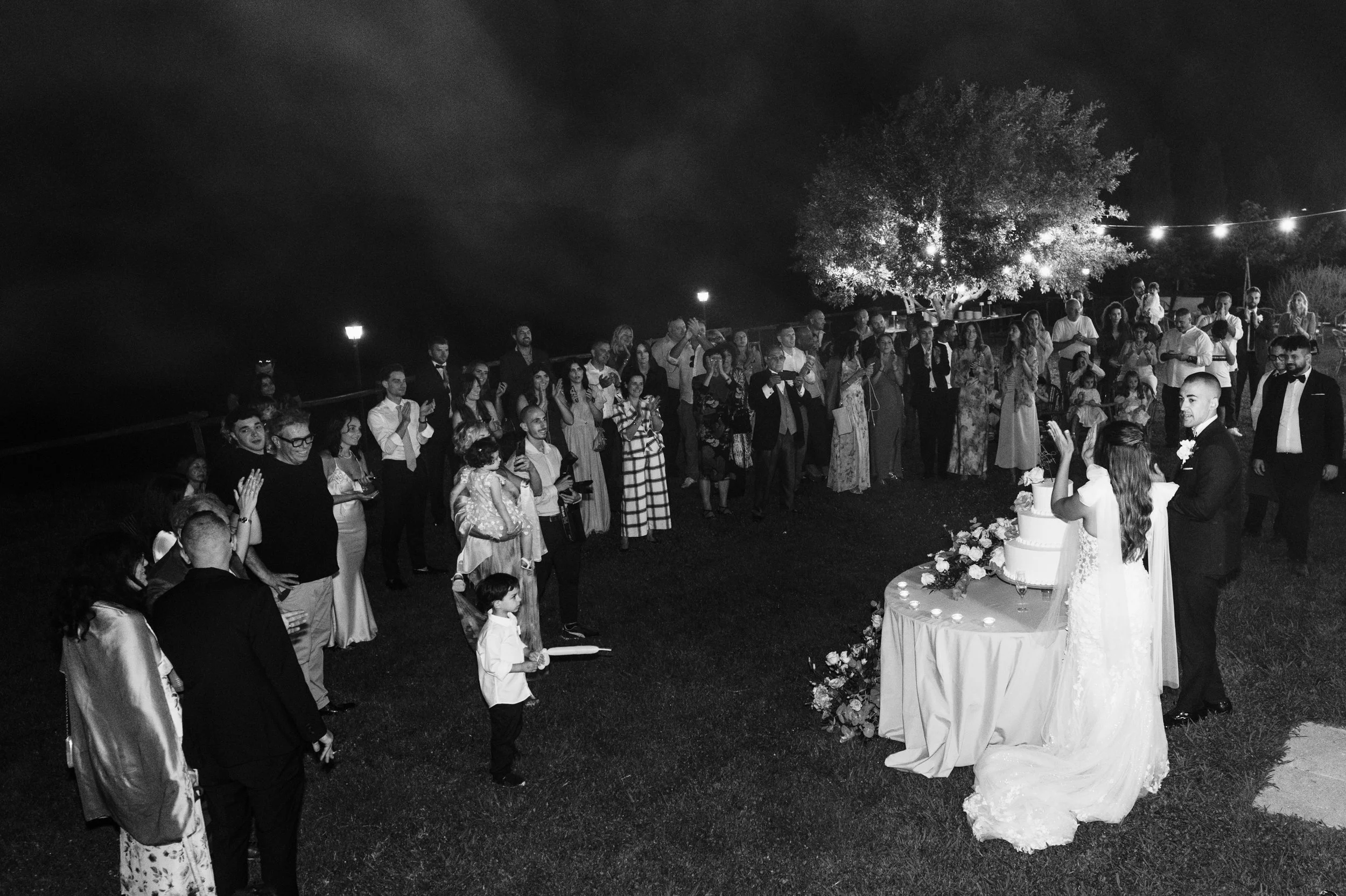 Una cerimonia di matrimonio all'aperto di sera con molti invitati che assistono alla torta nuziale, sotto una grande quercia con luci decorative, in un ambiente notturno.