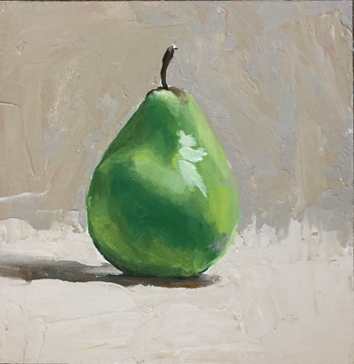 A painting of a green pear with a short, dark stem set against a light, neutral background.
