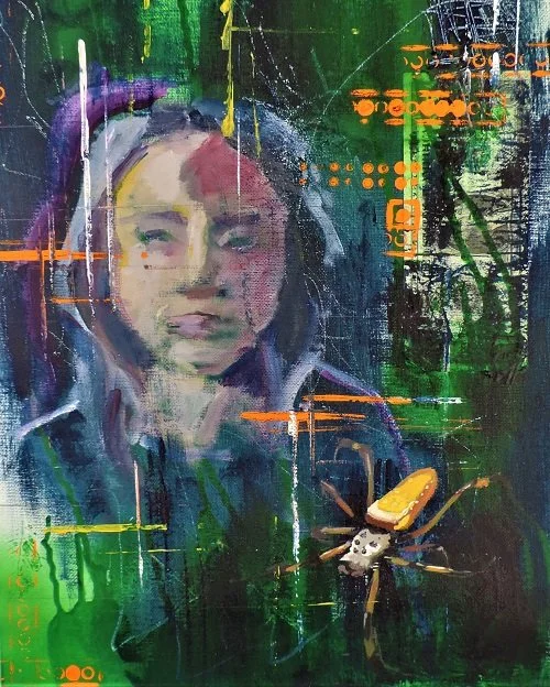 Abstract artwork featuring a woman's face with a drone in the foreground, surrounded by vibrant green, purple, and orange paint splatters and geometric lines.