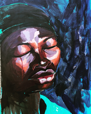 Painting of a woman with her eyes closed, wearing a dark headscarf against a dark blue background.