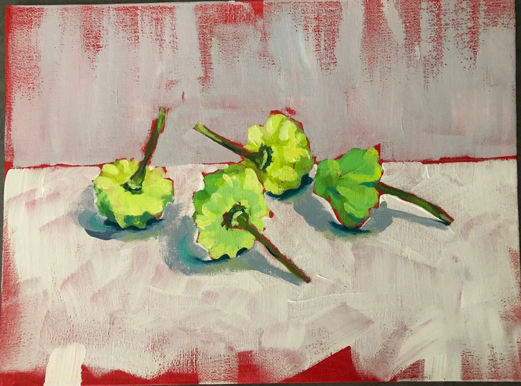 Four green and yellowish chirons with red stems on a white and red surface, painted in an abstract style.