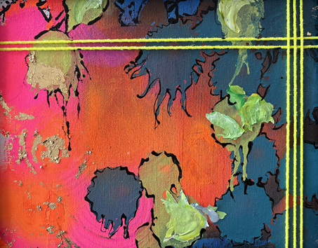 Abstract art with vibrant pink, orange, blue, and green colors, featuring yellow lines crossing the image.