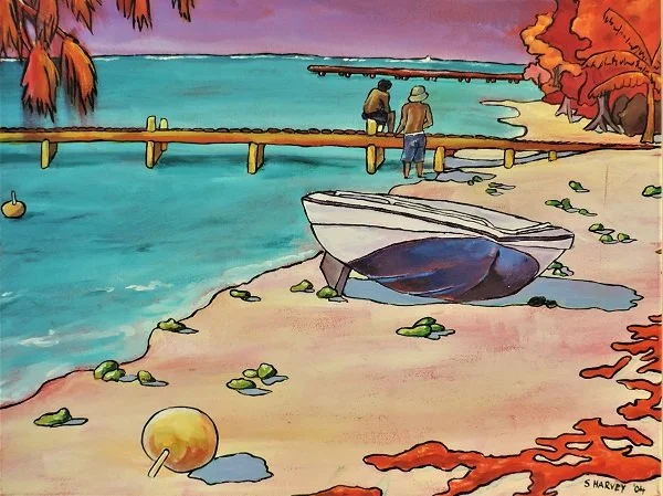 Two people sit on the dock by the water at sunset, with one boat on the shore and orange-red trees in the background.