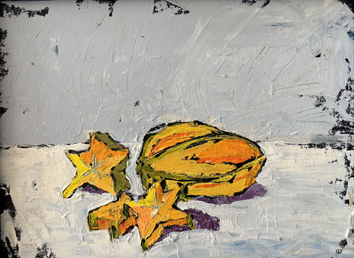 Painted image of a yellow star-shaped fruit, resembling a starfruit, with two smaller star-shaped fruits beside it, on a textured light gray surface.