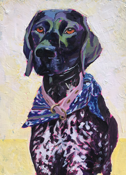 Colorful painting of a black dog wearing a blue bandana with pink and white patterns against a light background.
