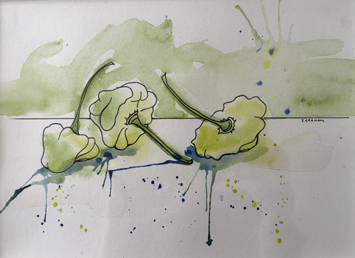 Watercolor painting of two cherries with stems, depicted with sketchy lines and splashes of green, blue, and yellow paint.