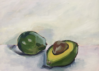 A painting of a whole watermelon and half an avocado on a white surface.