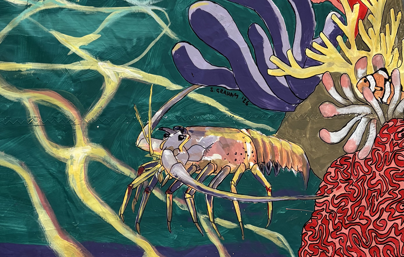 Colorful illustration of a lobster amidst coral and sea anemones in an underwater scene.