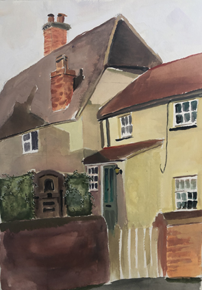 A watercolor painting of a row of houses with varied roofs and chimneys, including a yellow house with white-framed windows and a green door.