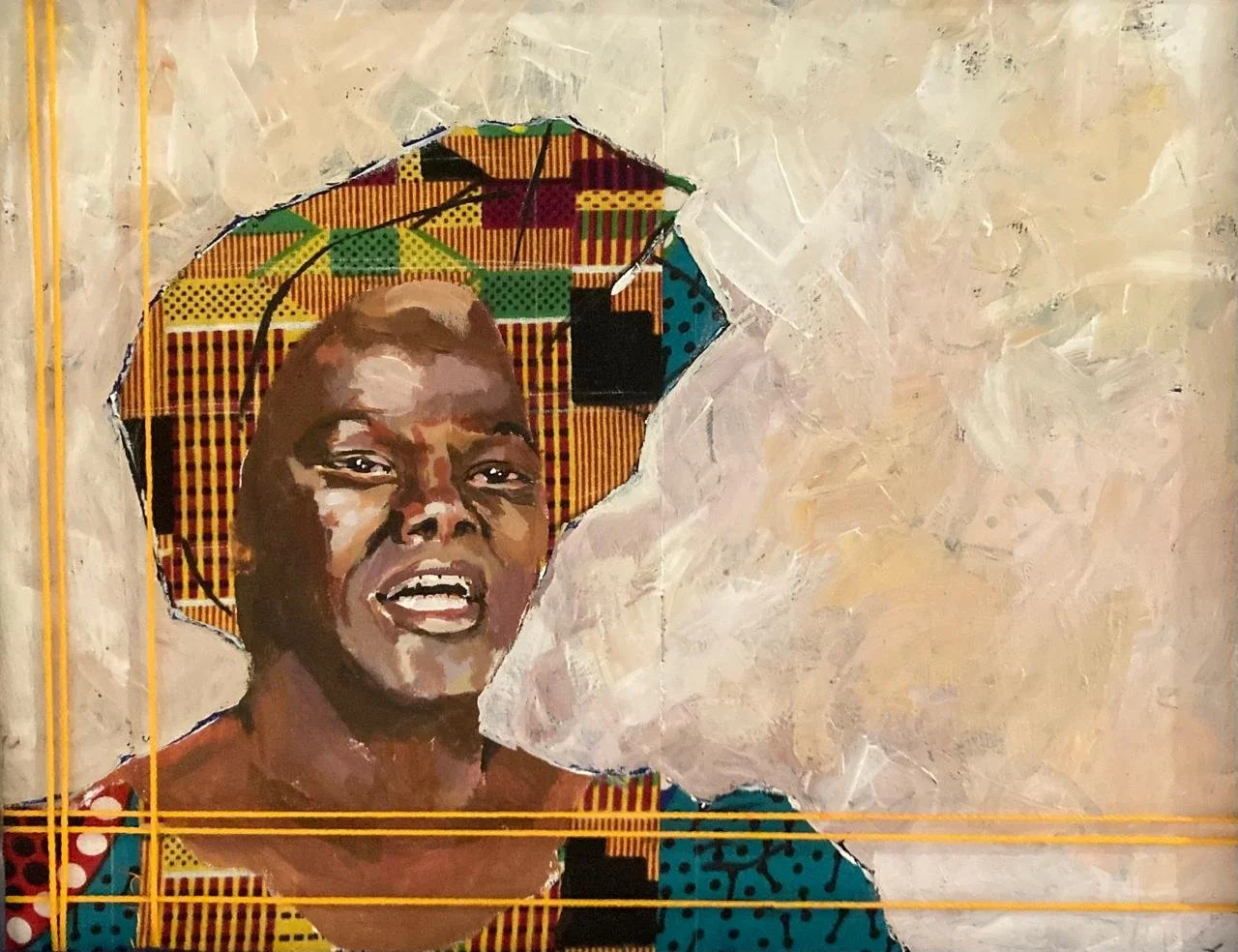 A colorful mixed media artwork of a smiling African woman with a vibrant patterned headwrap and clothing, depicted with a torn paper effect.