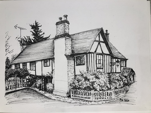 Sketch of a traditional cottage with a chimney, surrounded by bushes and a wooden fence.