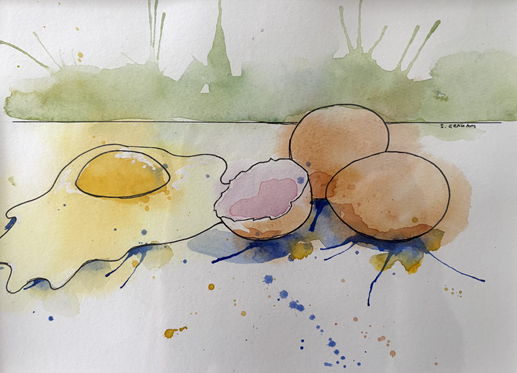 Watercolor painting of a fried egg and two brown eggs on a plate, with colorful splashes and drips in the background.