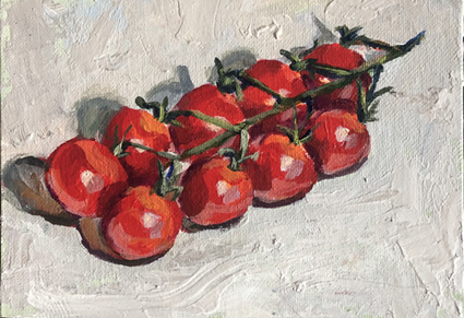 Painted illustration of a cluster of red cherry tomatoes on a vine with green stems, on a textured white background.