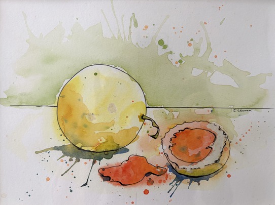 Watercolor painting of a lemon and a halved orange on a splattered background.