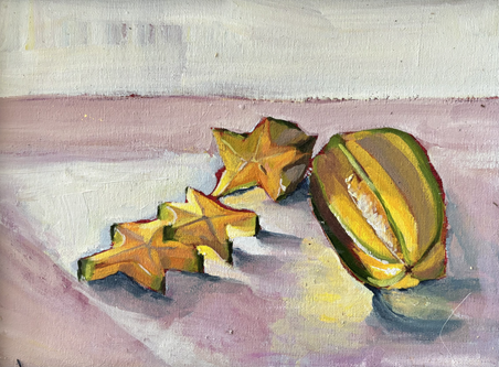 Painting of two star-shaped and one striped oval-shaped fruit on a pink surface.