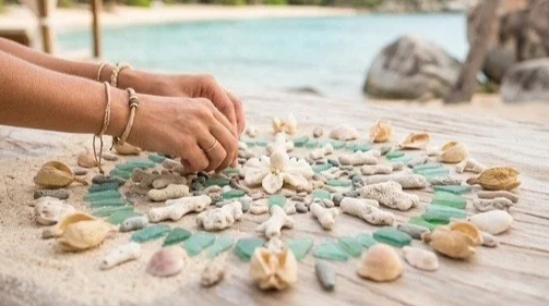 Hands mindfully arranging coral and shell decorations into a mandala on the beach in the British Virgin Islands