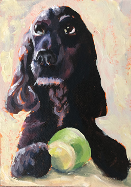 Painting of a black dog with a green tennis ball