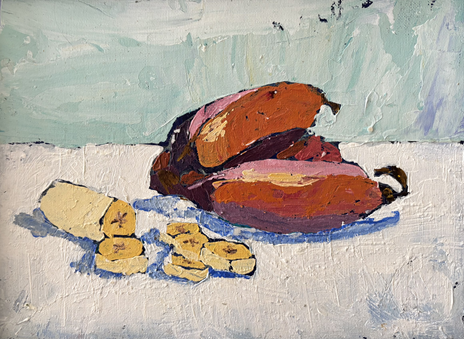 Still life painting of two red sweet potatoes and several pieces of butter on a light-colored surface with a light blue and green background.