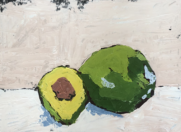 A painting of an avocado cut in half beside a whole avocado on a light wooden surface.