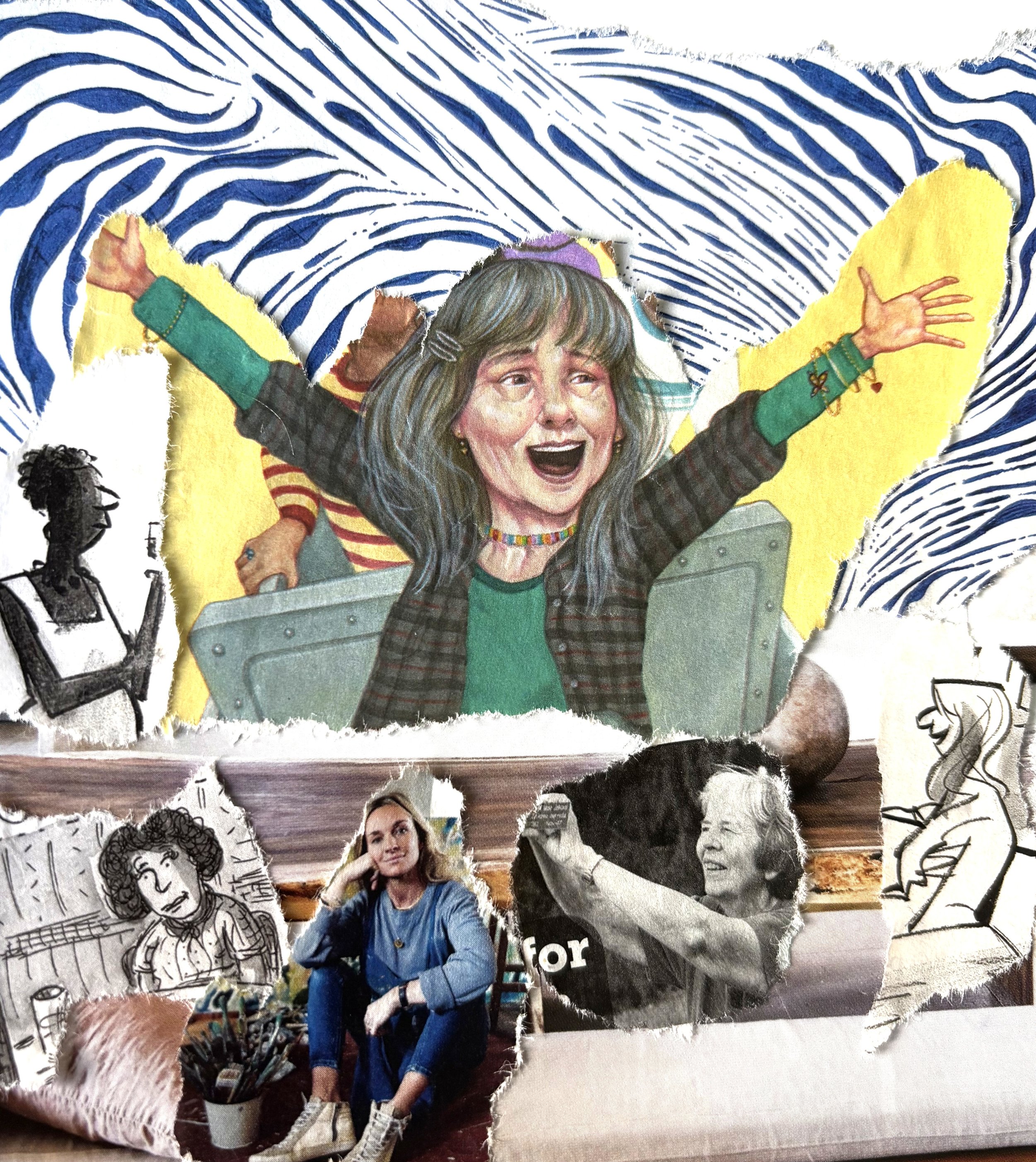 A collage featuring a large, colorful illustration of a joyful woman with her arms outstretched, surrounded by various  women, engaged in a supportive creative workshop for self awareness, addressing limiting beliefs and healing