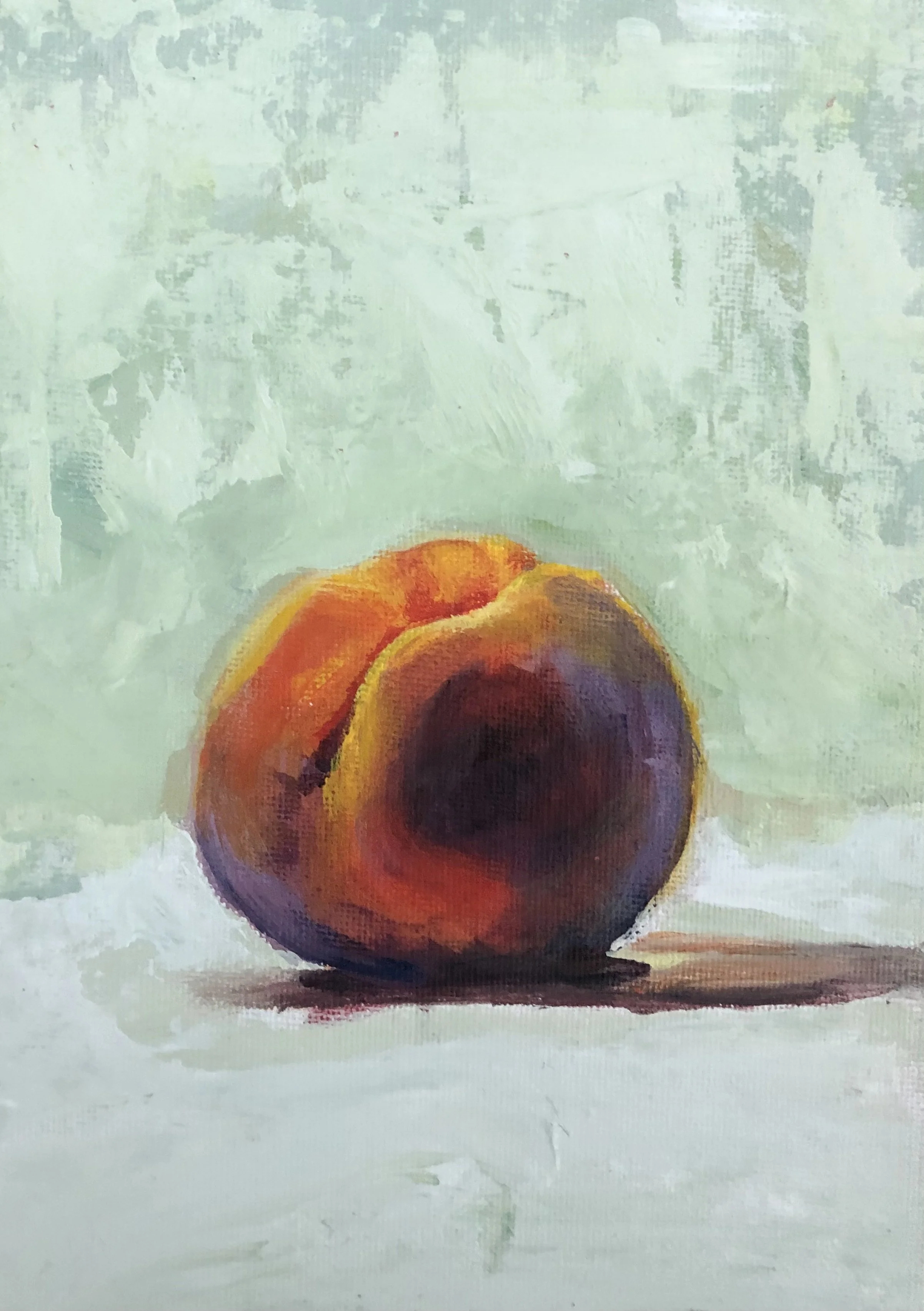 An abstract painting of a peach resting on a surface with a light green, textured background.