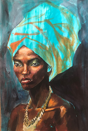 Portrait of a woman with dark skin, wearing a vibrant turquoise headwrap and a gold necklace, against a dark background.