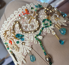 Collection of various jewelry pieces, including pearl necklaces, colorful beaded necklaces, and earrings with turquoise and gold accents, displayed on a lace fabric background.