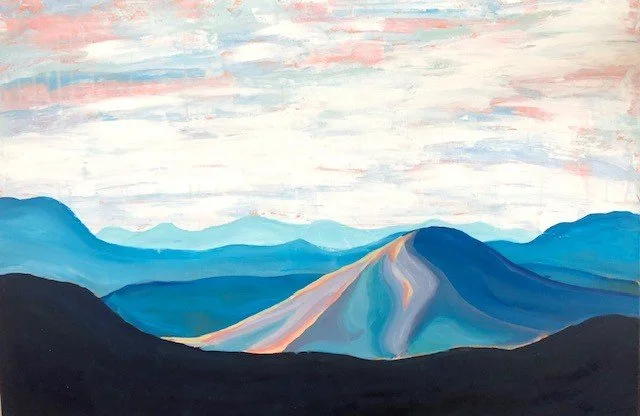 Painting of a mountain landscape with multiple blue mountain ranges and a sky with pink and blue clouds.