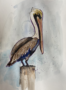 Watercolor painting of a pelican perched on a wooden post.