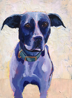 Painting of a small dog with black and gray fur, wearing a teal collar, against a textured light-colored background.