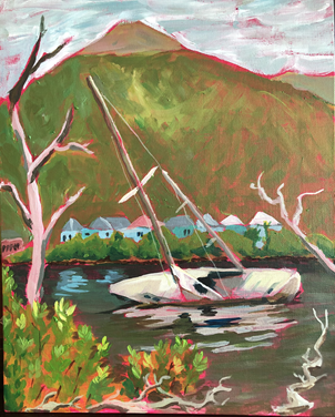 Painting of a boat docked near a river bank with trees and green hills in the background.