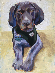 Painting of a black and brown dog with long ears, lying on a yellow and beige surface.