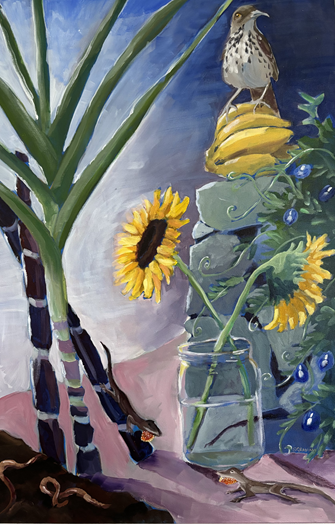 A still life painting featuring sunflowers, a bird perched on bananas, a zebra-striped animal, and various plants and berries in a glass jar.