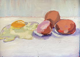 A still life painting of three apples and one lemon on a white surface with a light background.