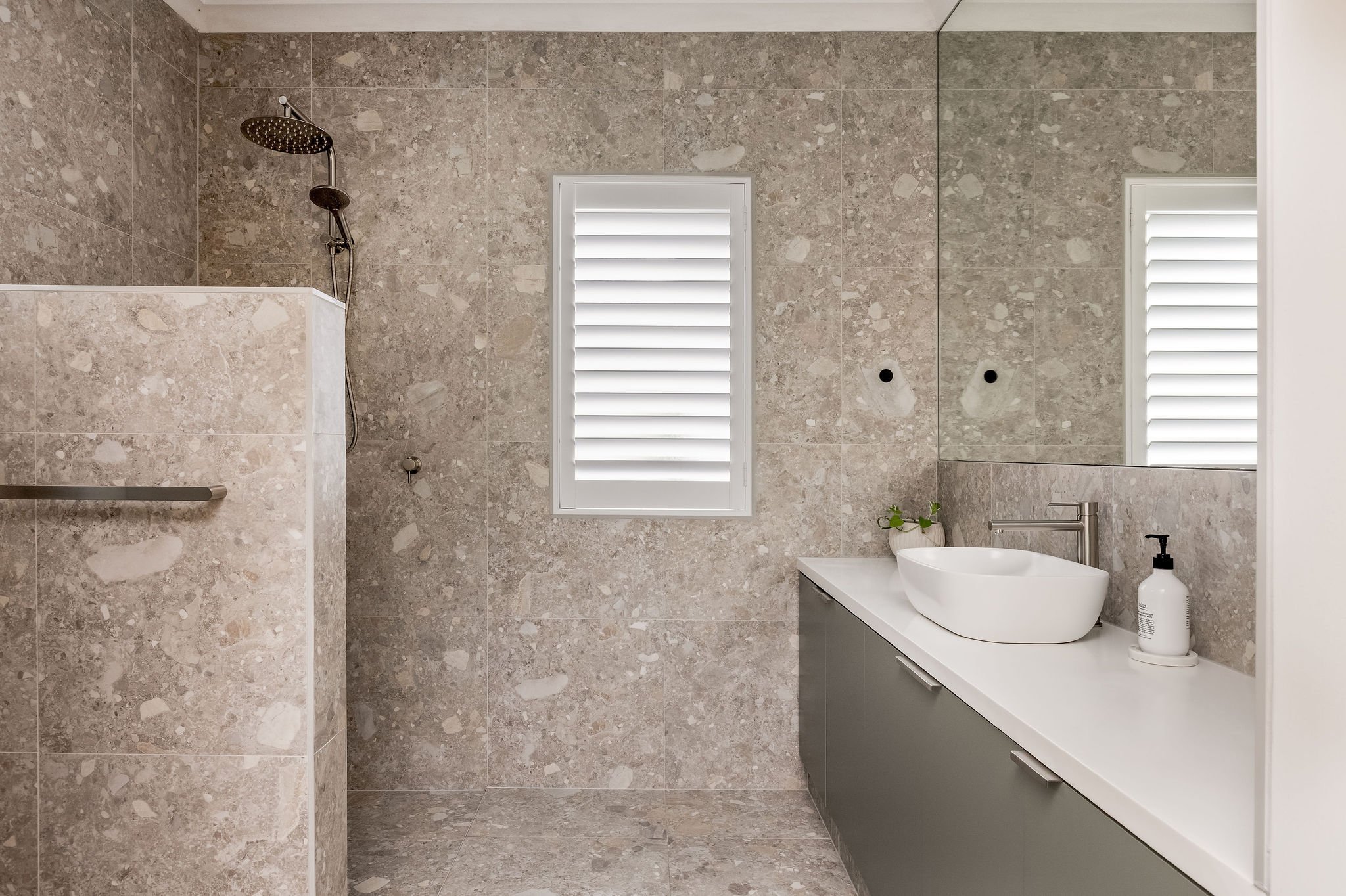 Master ensuite with walk-in shower and stone-look tiles, Seastream Haven DunsboroughMaster bedroom ensuite