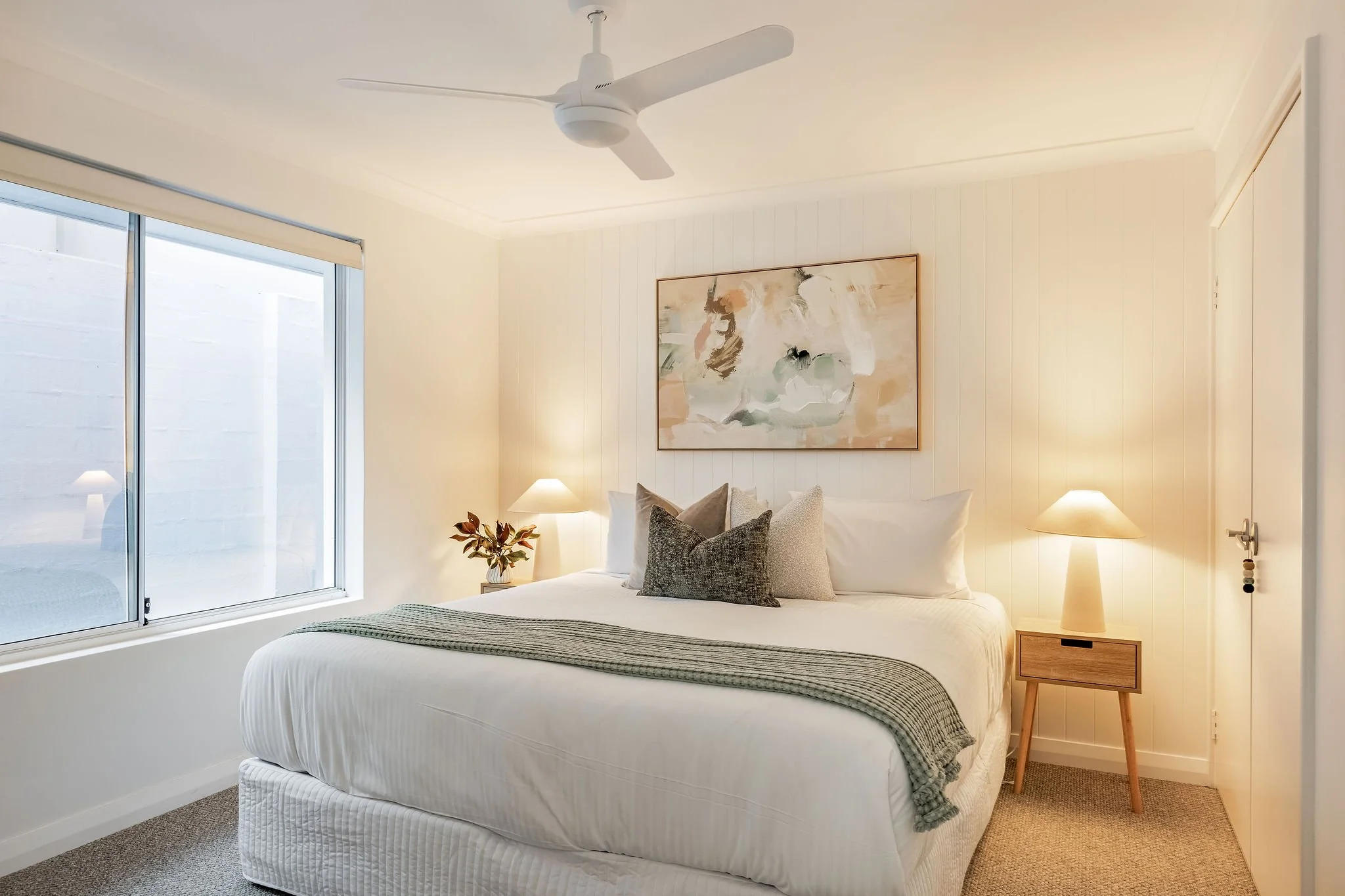 Bedroom Three with Queen bed, bedside lamps and ceiling fan, Seastream Haven DunsboroughBedroom Two: Queen bed