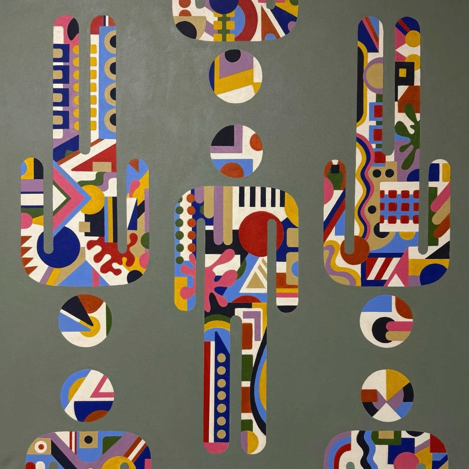 Cut From the Same Cloth. 36 × 36 inches, acrylic on canvas, 2026. $900. Available.