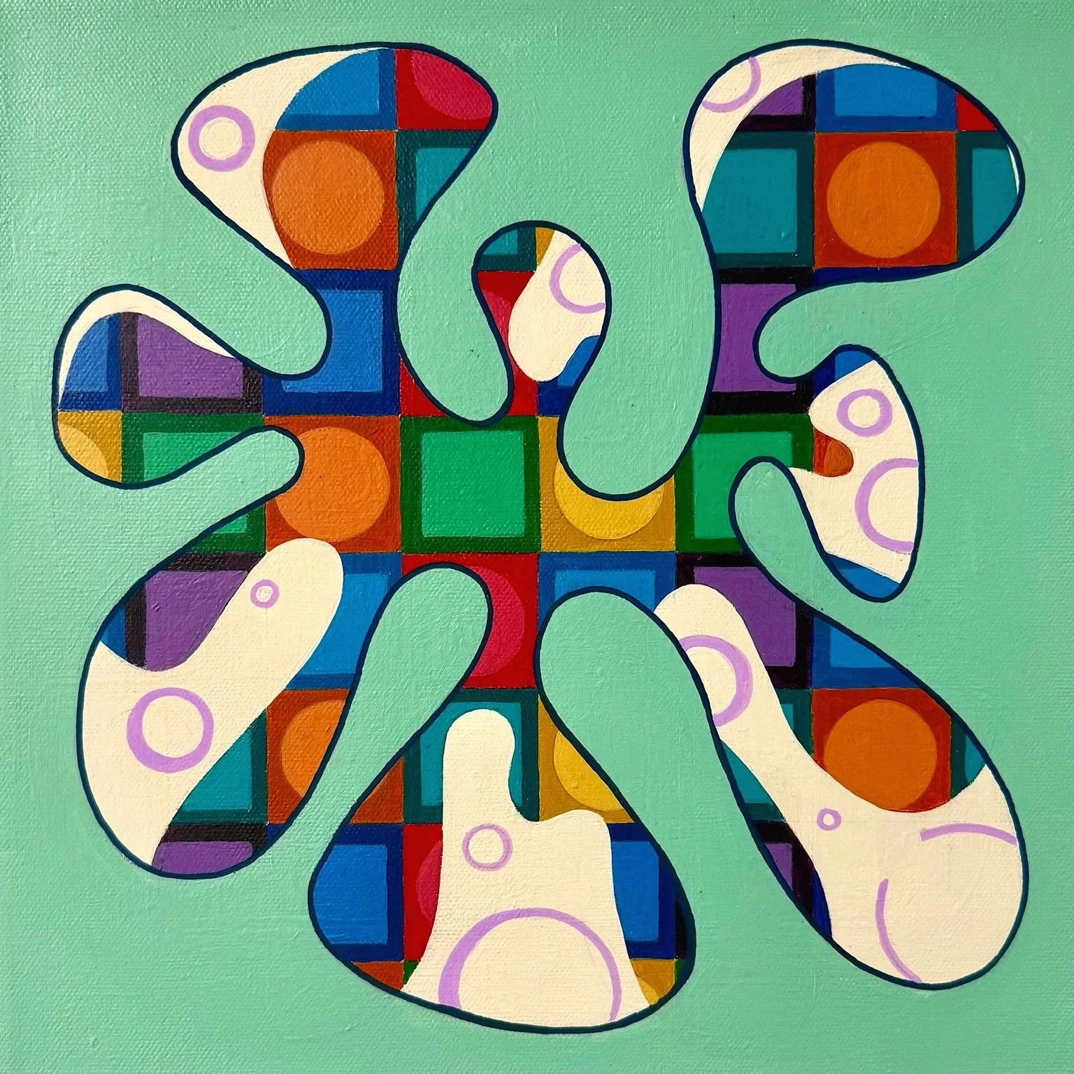 Institutionalized. 14 × 14 inches, acrylic on canvas, 2025. Sold.
