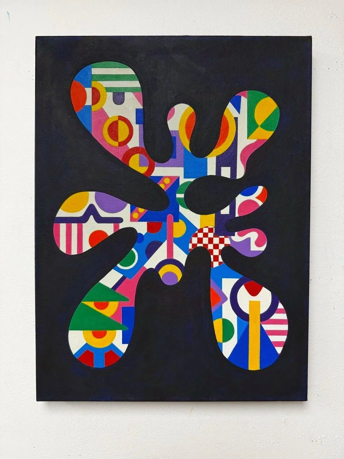 Garbled Semaphore. 18 × 24 inches, acrylic on canvas, 2025. Available.