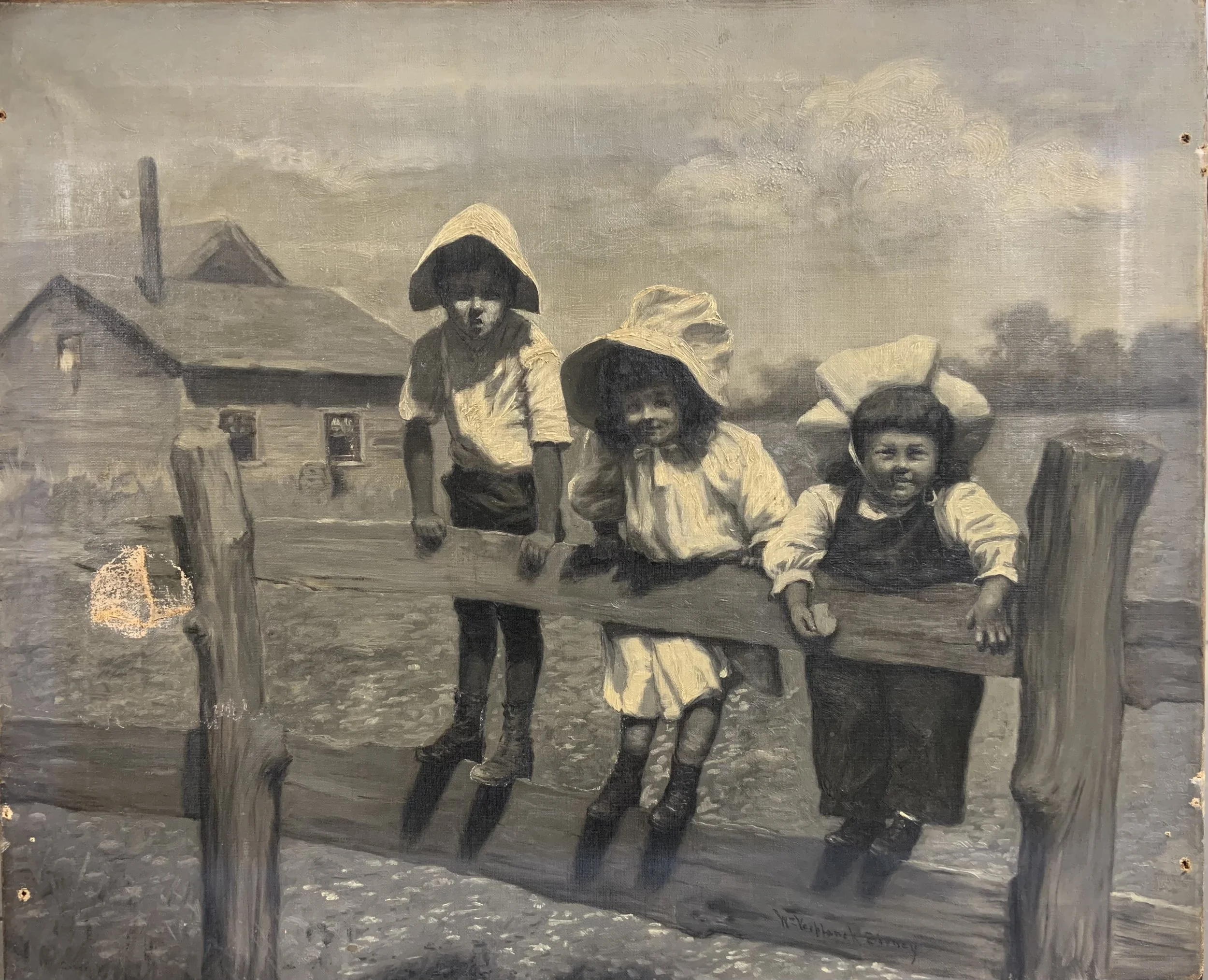before - thin varnish, punctured canvas, missing pigment, discoloration