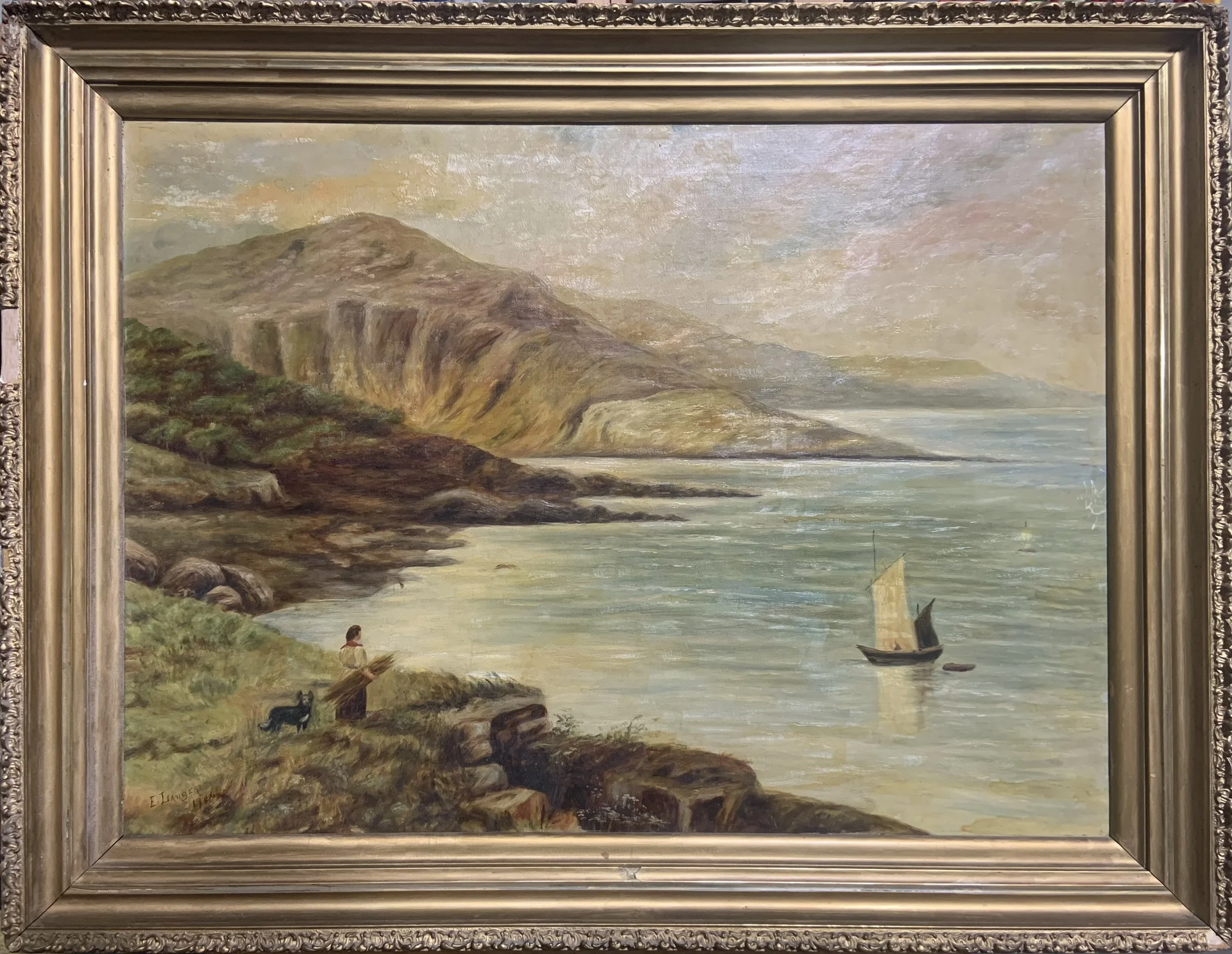 before - chipping frame, discolored varnish, smoke staining